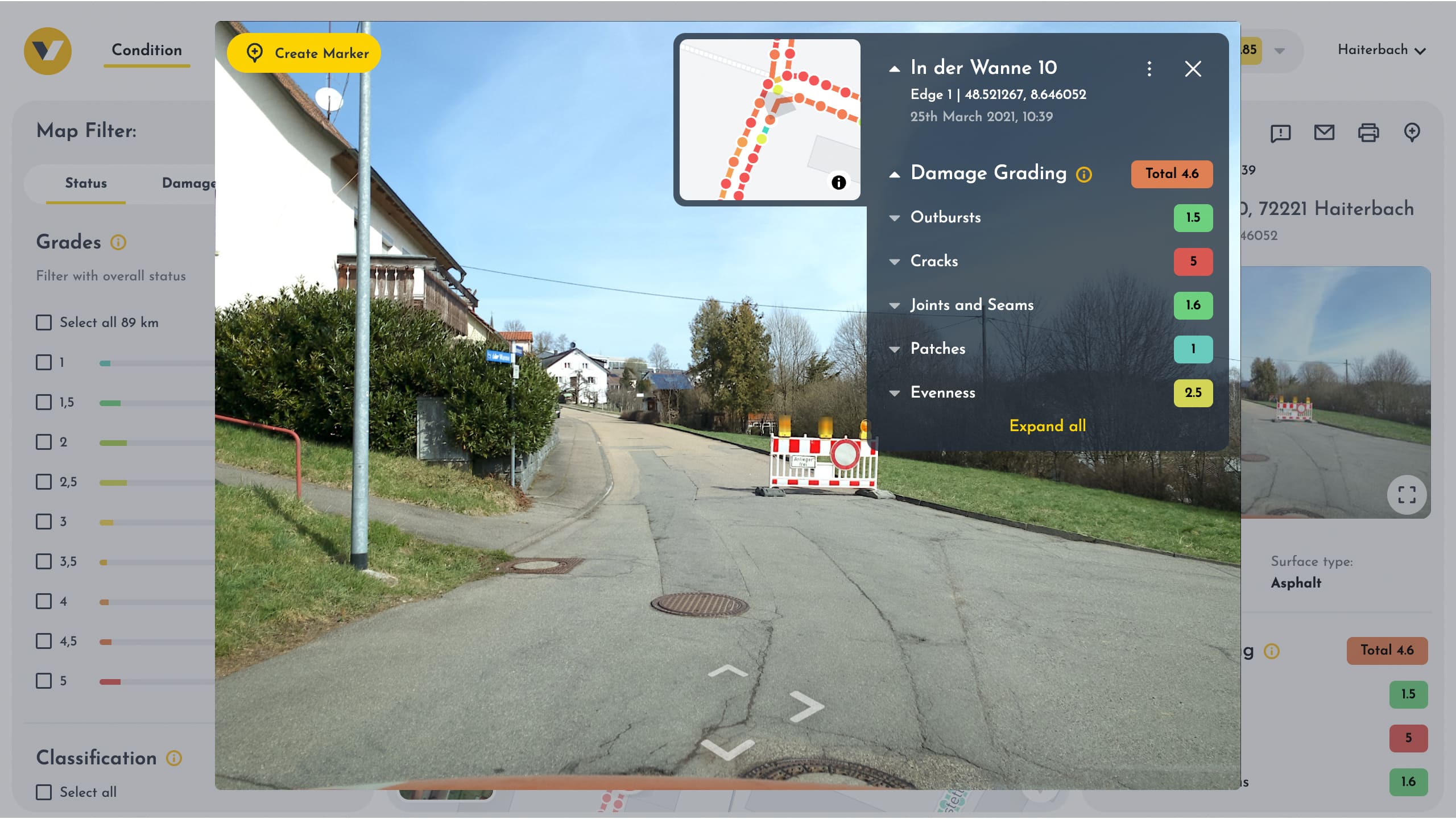 An overview of the marker tool of the vialytics system showing a picture of the inspected roads 