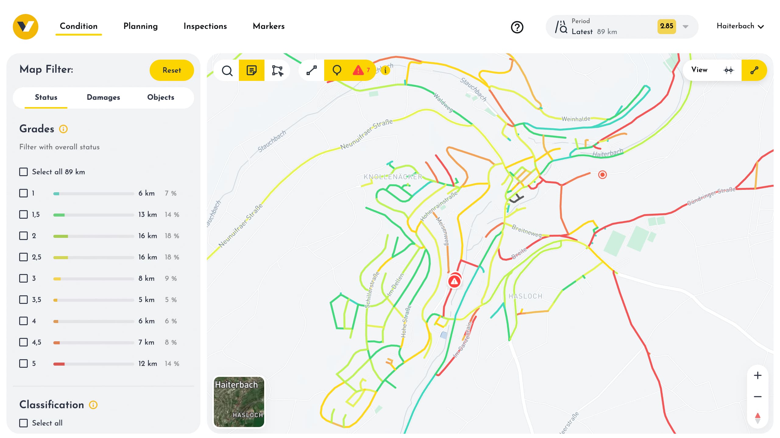 An overview of the vialytics web system. All streets are colored in their conditions.