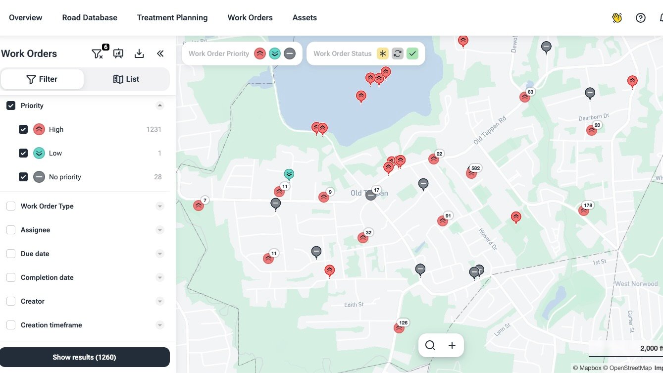 vialytics dashboard showing work order distribution and infrastructure mapping for Old Tappan, New Jersey.