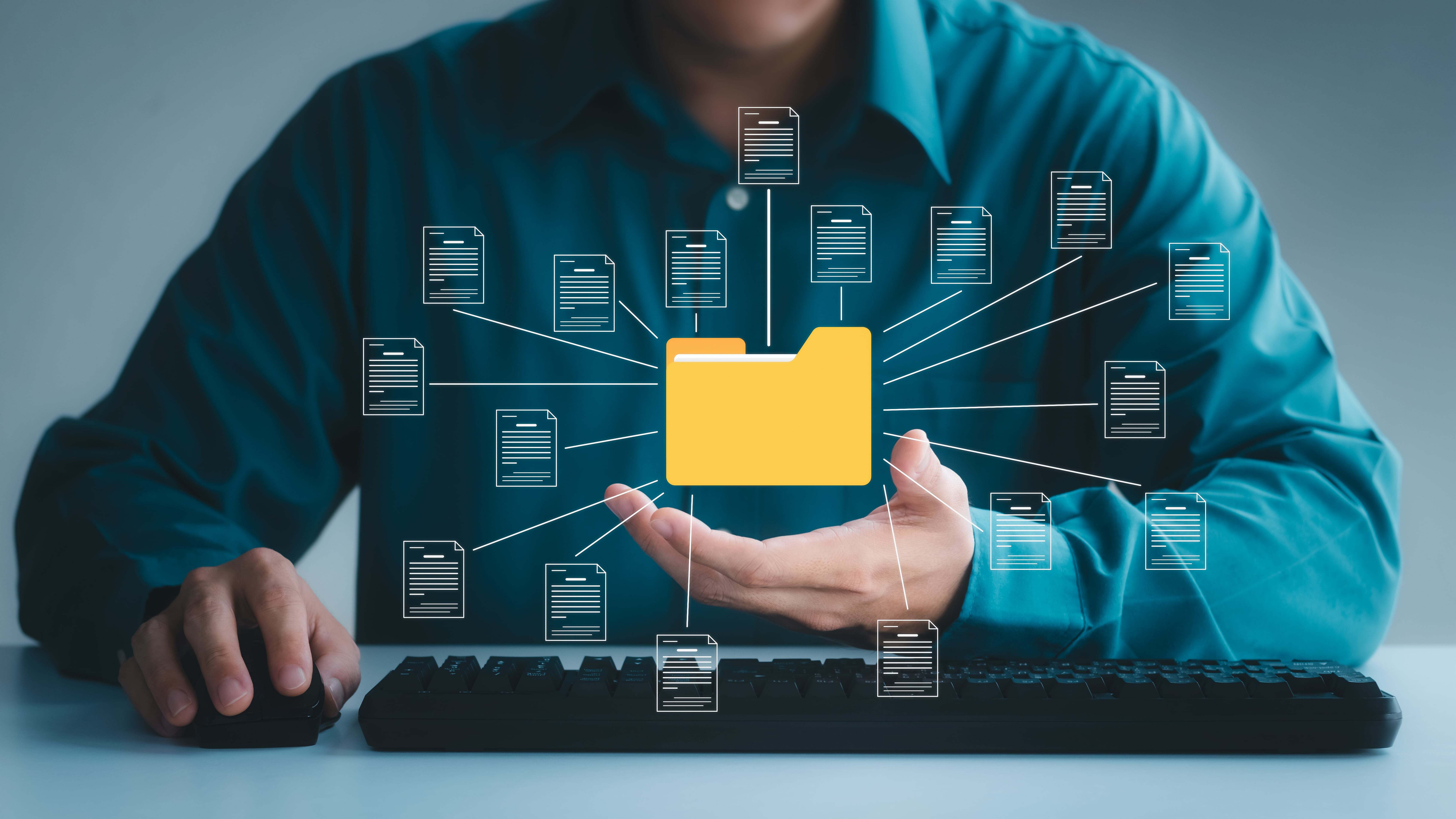 A folder containing many files is displayed virtually in front of a person. It visualizes the dataset provided by vialytics.