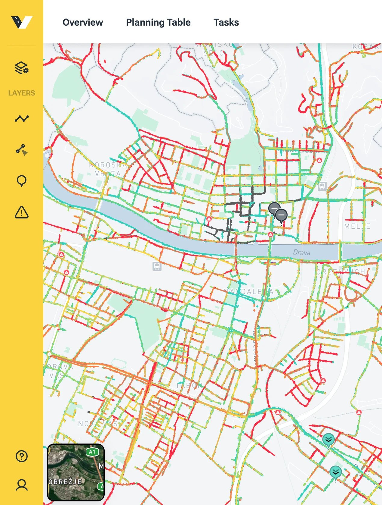Screenshot of the map of Maribor from the vialytics web system