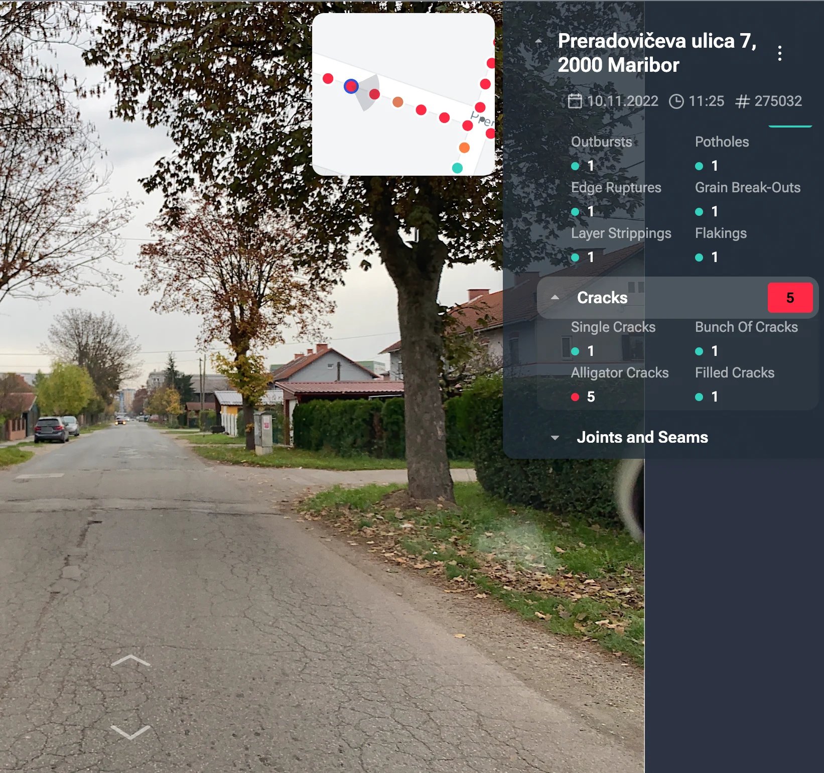 screenshot from the vialytics web system showing a road in Maribor and the condition grades