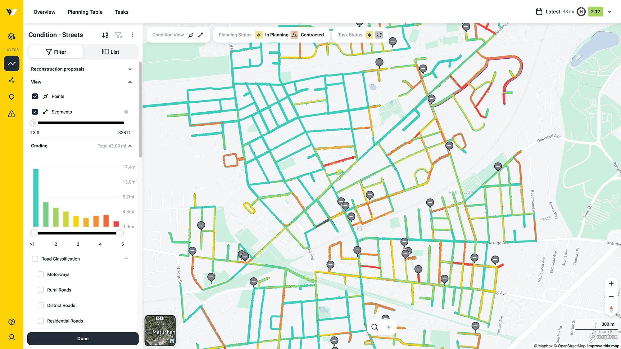 Screenshot of the vialytcs web system showing the map of Metuchen and the condition of the streets