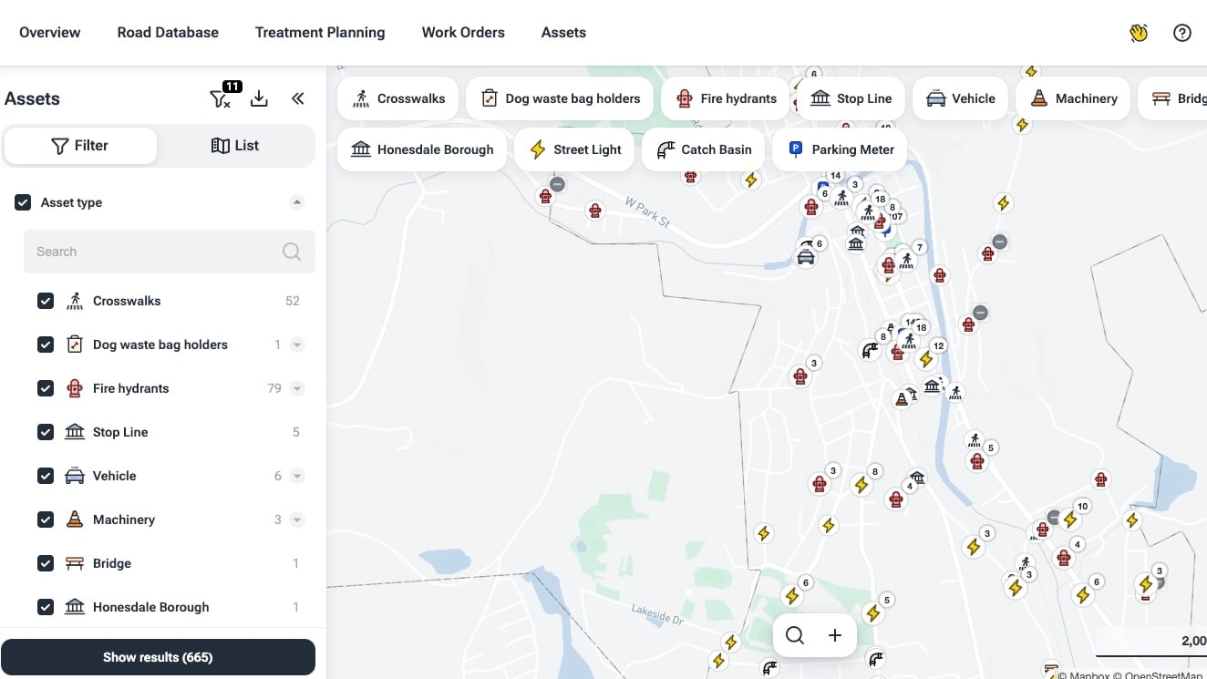 vialytics system displaying a digital map of Honesdale with automated road condition data and GPS-tagged assets.
