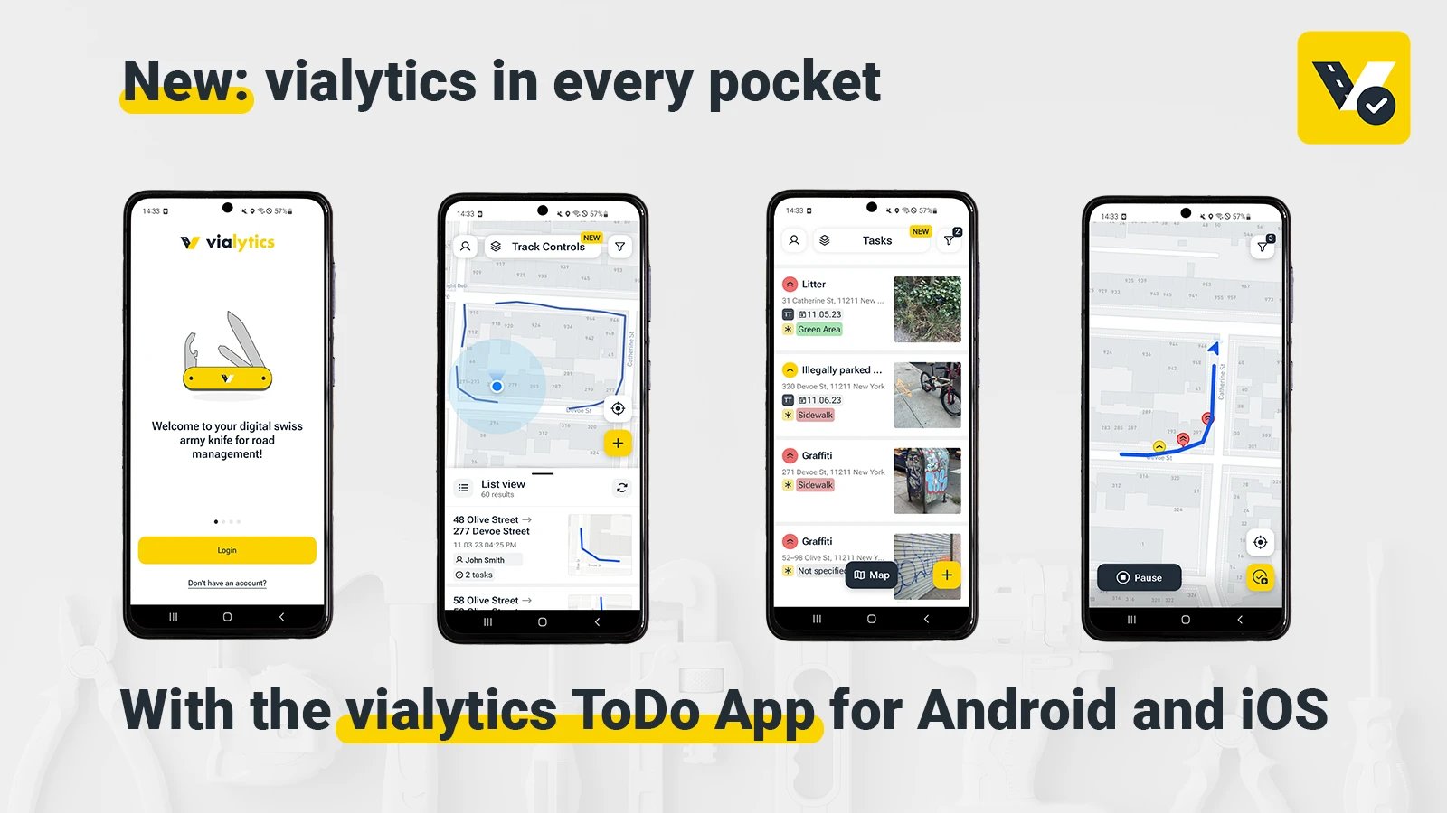 vialytics ToDo App Graphic, 4 phones with screenshots of the ToDo App