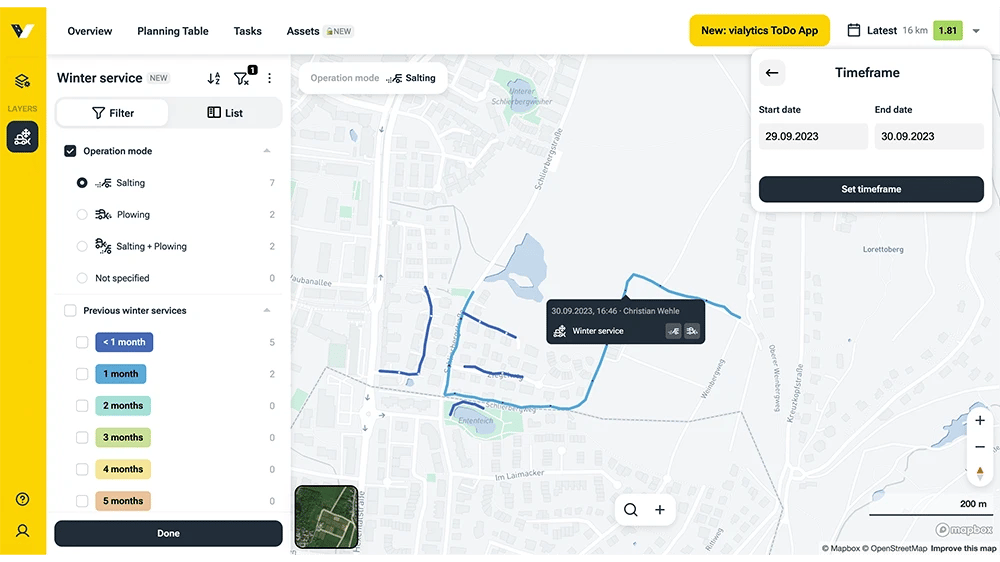 Screenshot of the web system during a winter service inspection with GPS track