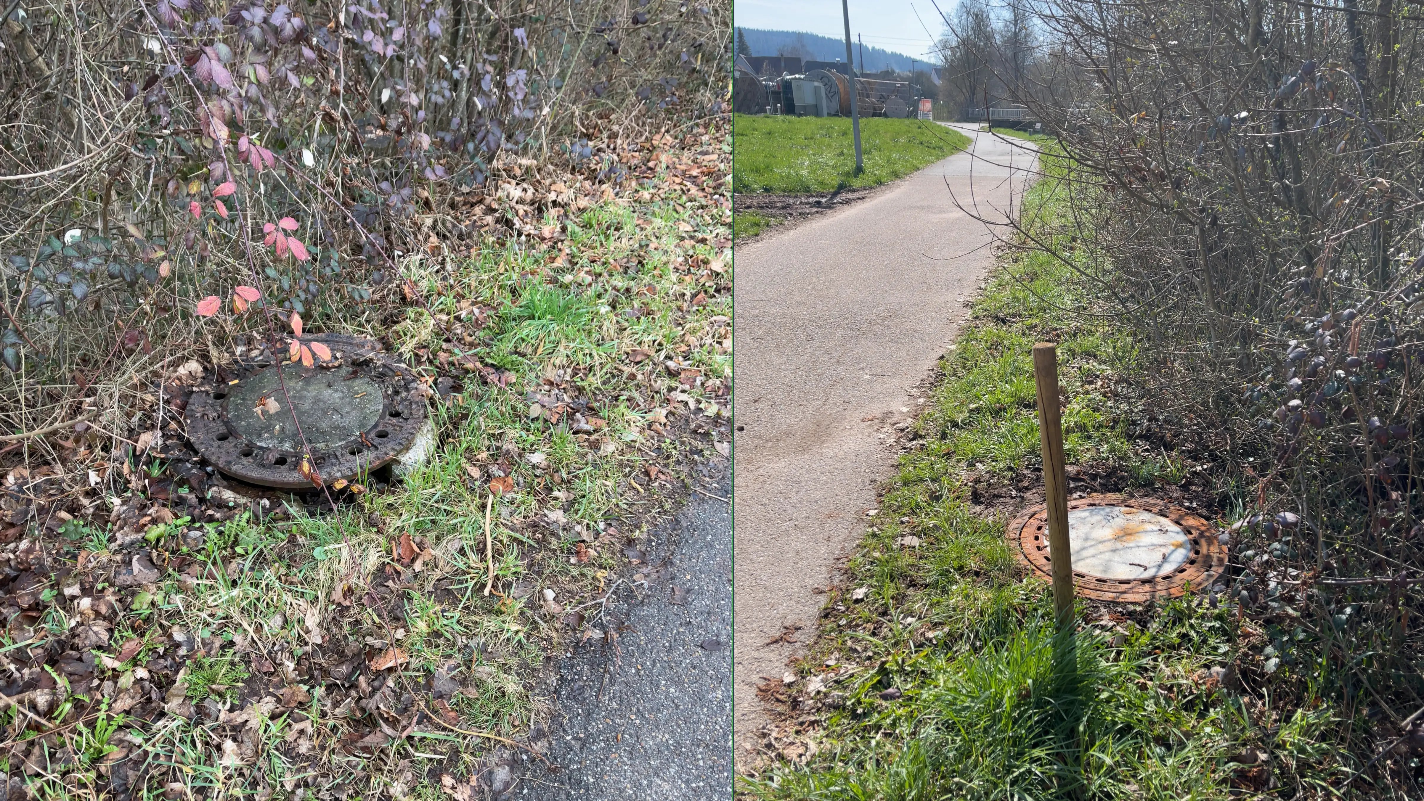 befpre and after picture of a fixed manhole on the side of a road