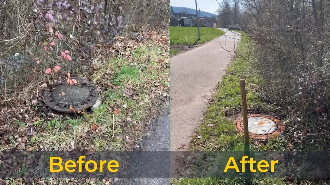 Before-and-after comparison photos of a roadside manhole cover, showing it heavily overgrown with vegetation on the left, and completely cleared and visible on the right to serve as visual evidence.