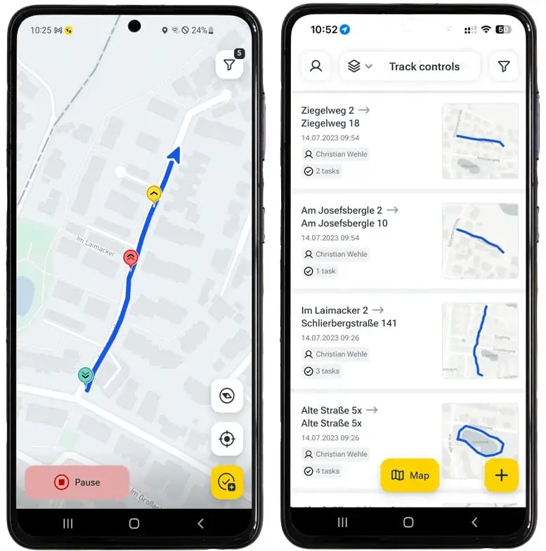 Two smartphones displaying the vialytics ToDo app for flexible route inspections. The left screen shows active GPS route tracking on a map, while the right screen displays a list of recorded routes with map thumbnails.