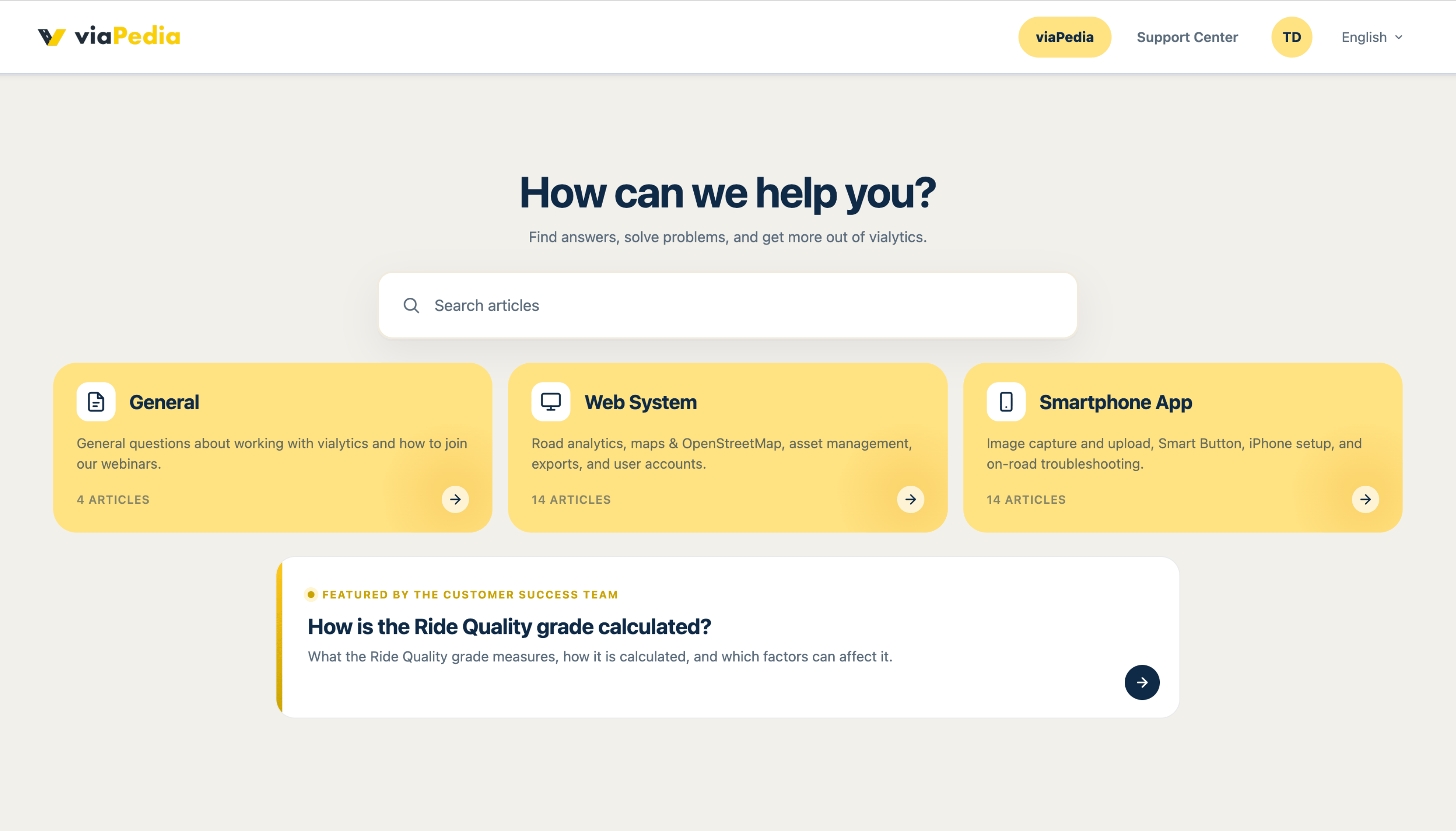 Homepage of the viaPedia help portal with search bar and categories for general questions, web system and smartphone app