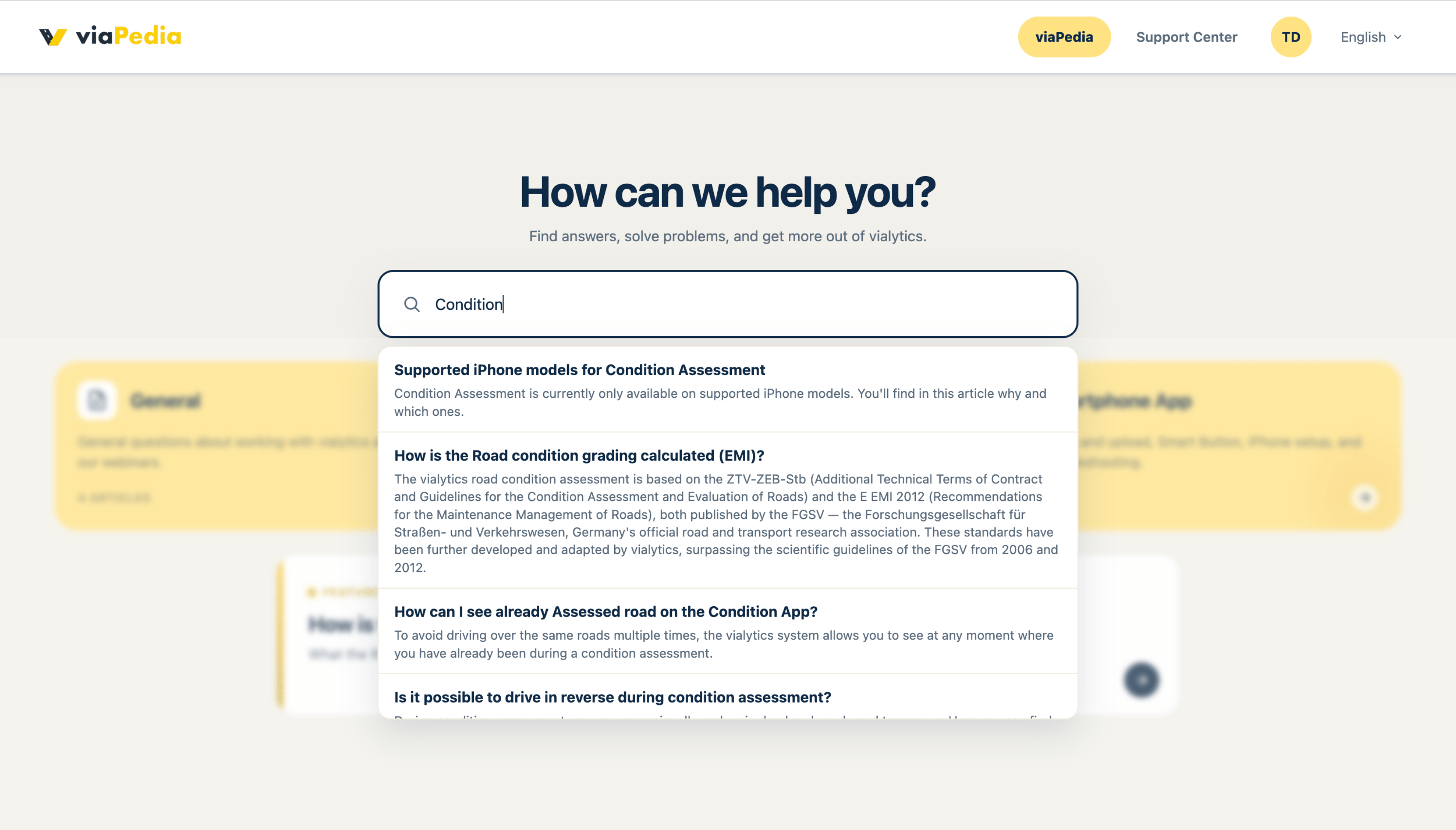 viaPedia search with keyword input and suggested help articles
