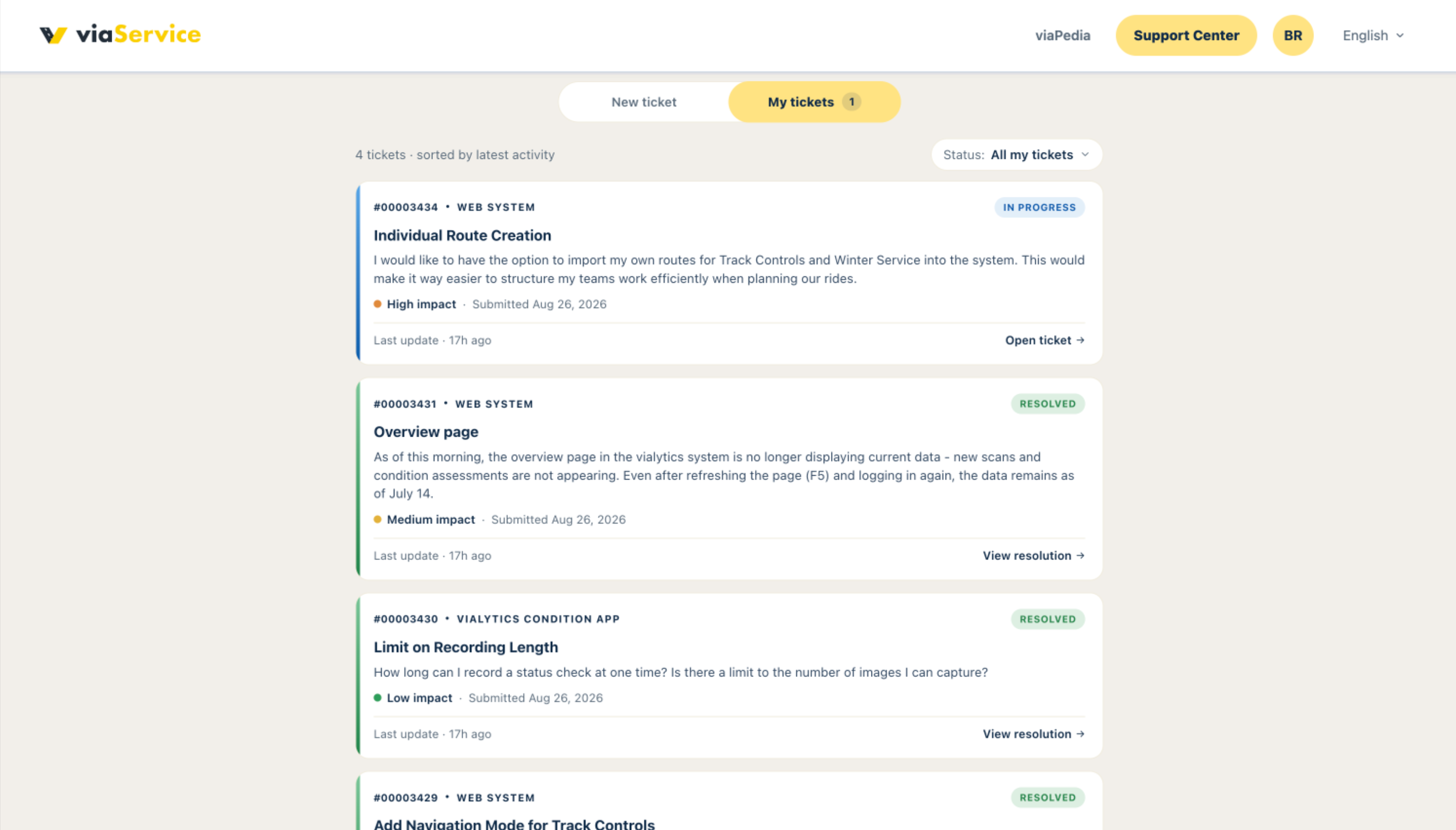Ticket overview in the viaService portal showing all support requests and their current status