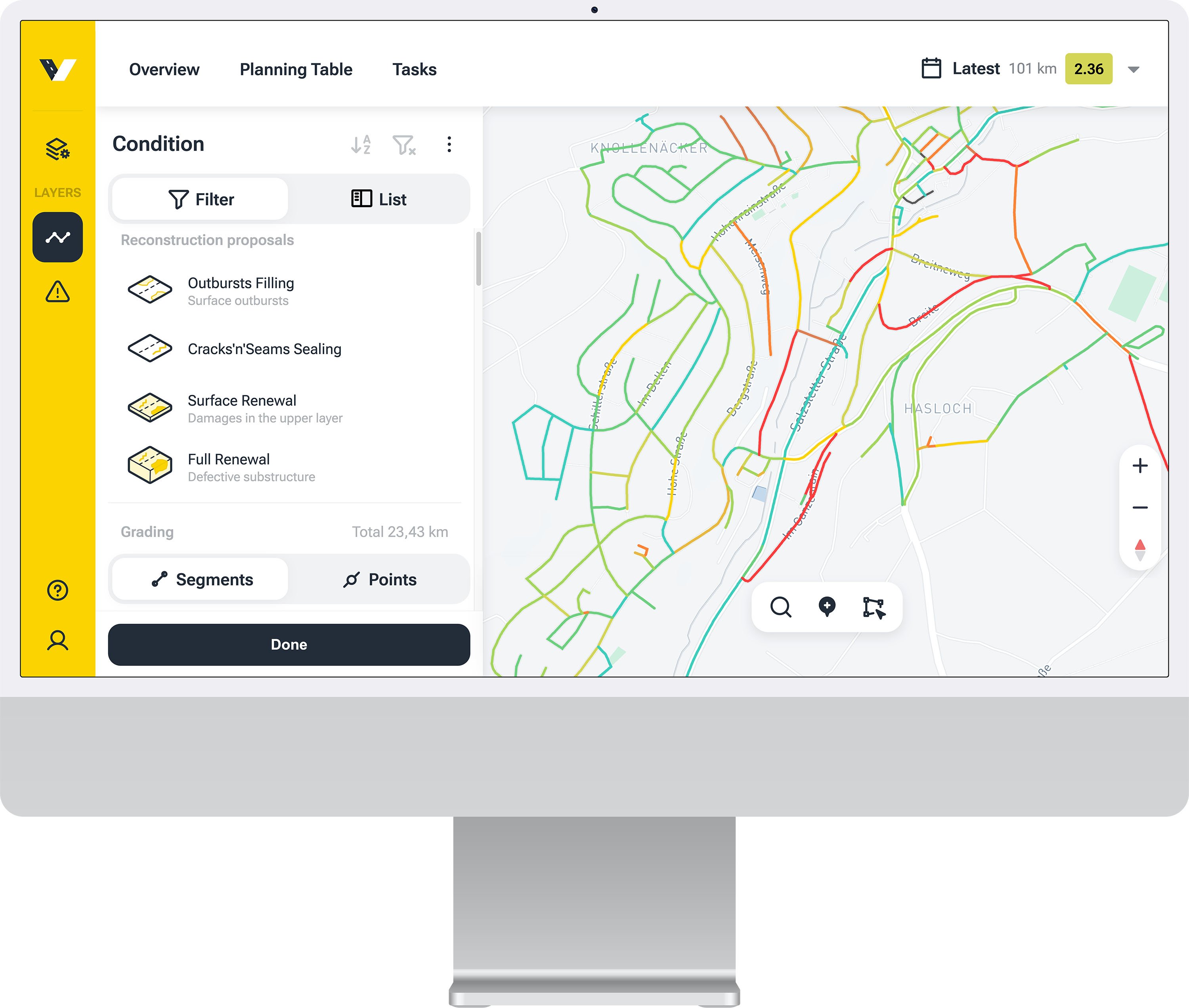 screenshot of the vialytics web system showing the condition layers next to a map on a mac