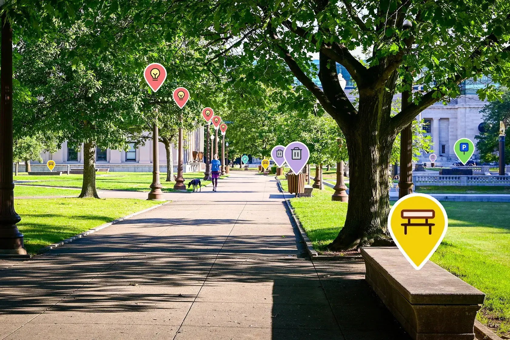 Tree-lined park path with vialytics icons highlighting benches, trash cans and street lamps