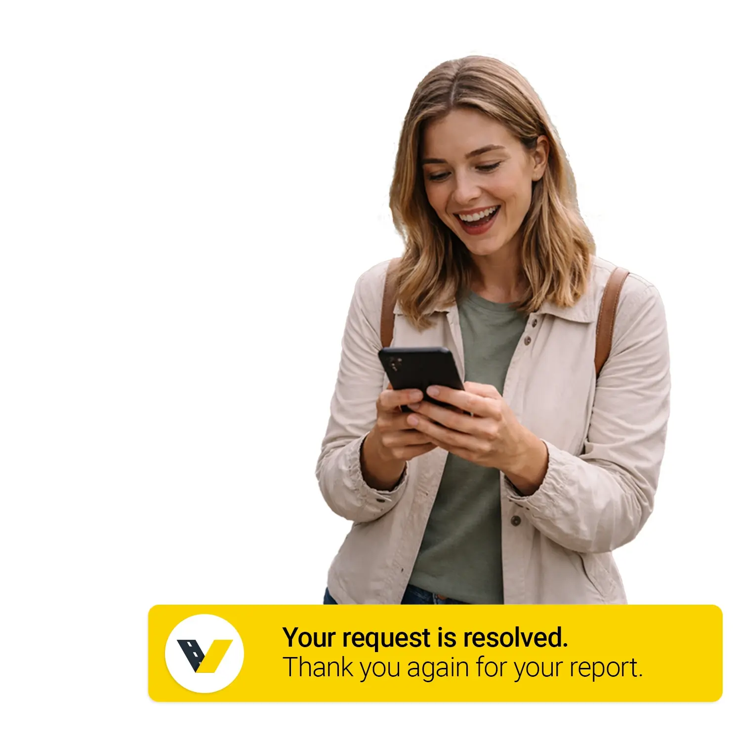 A happy woman reading on her smartphone. Her request has been solved.