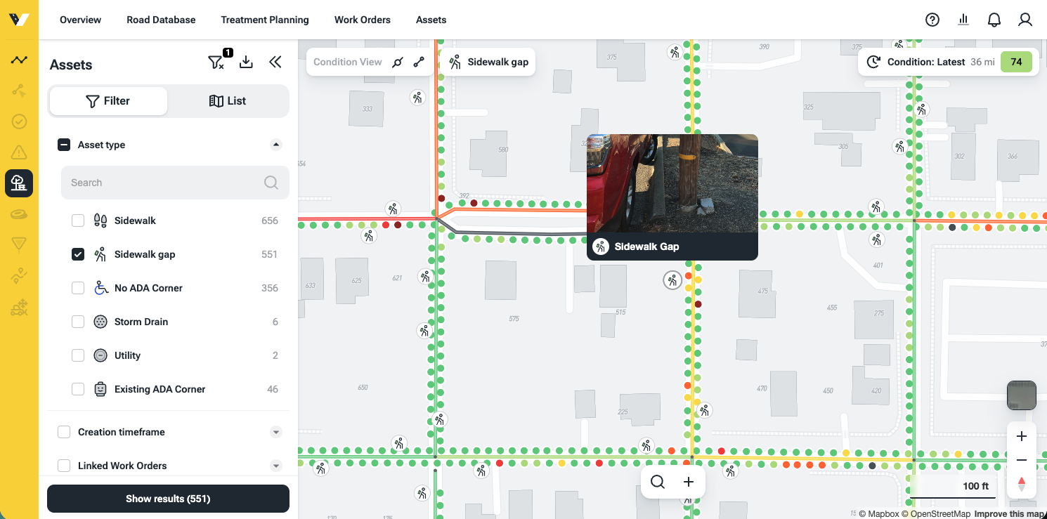 ialytics platform map view showing color-coded sidewalk asset inventory