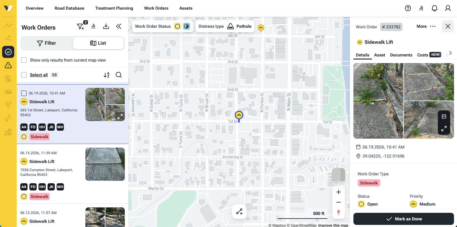 vialytics platform map view showing work orders and maintenance tracking