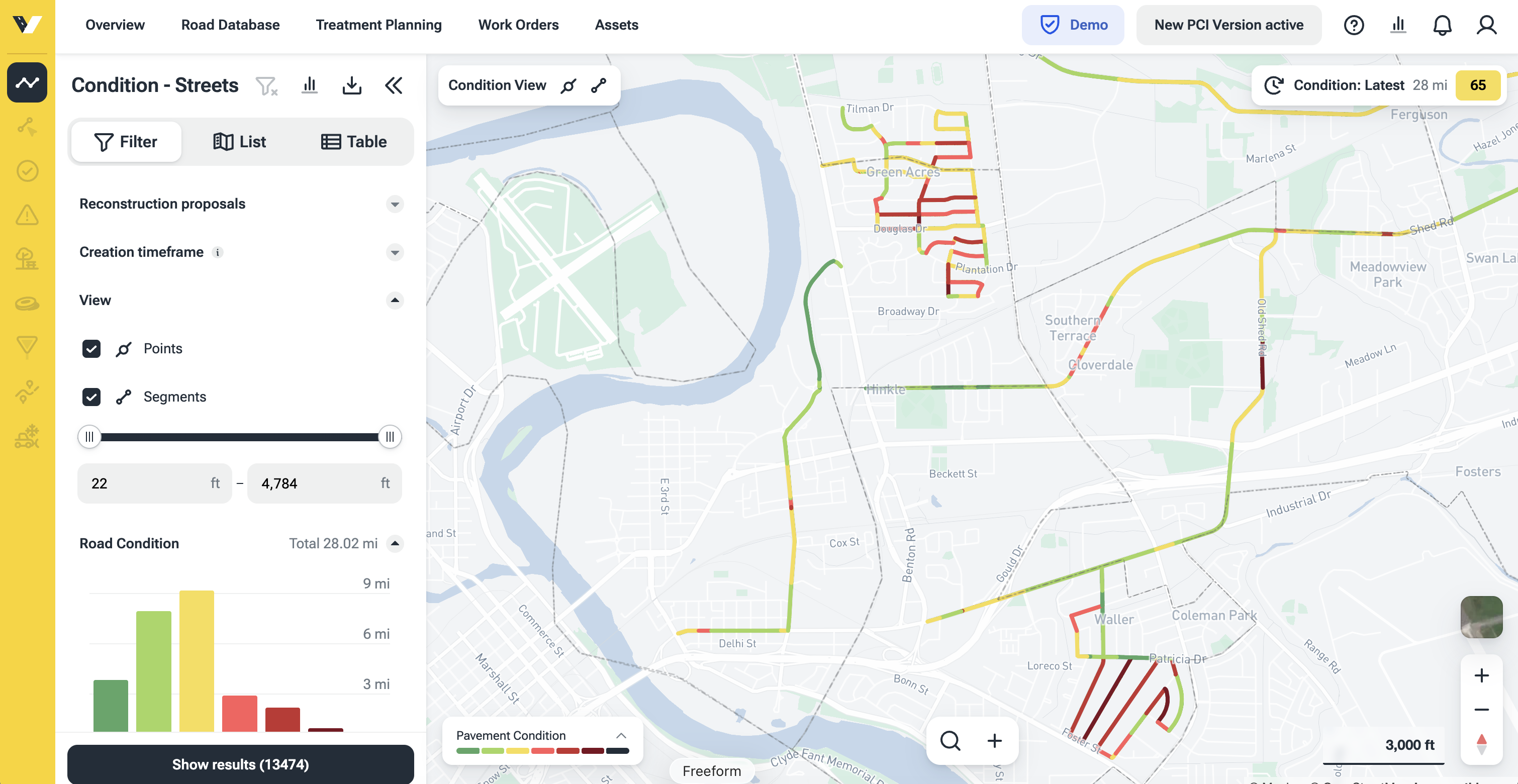 vialytics map view showing PCI scores for concrete and asphalt segments in one network grade